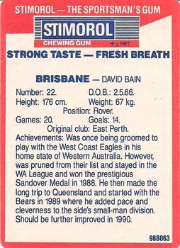 1990 AFL Scanlens Stimorol #113 David Bain Back